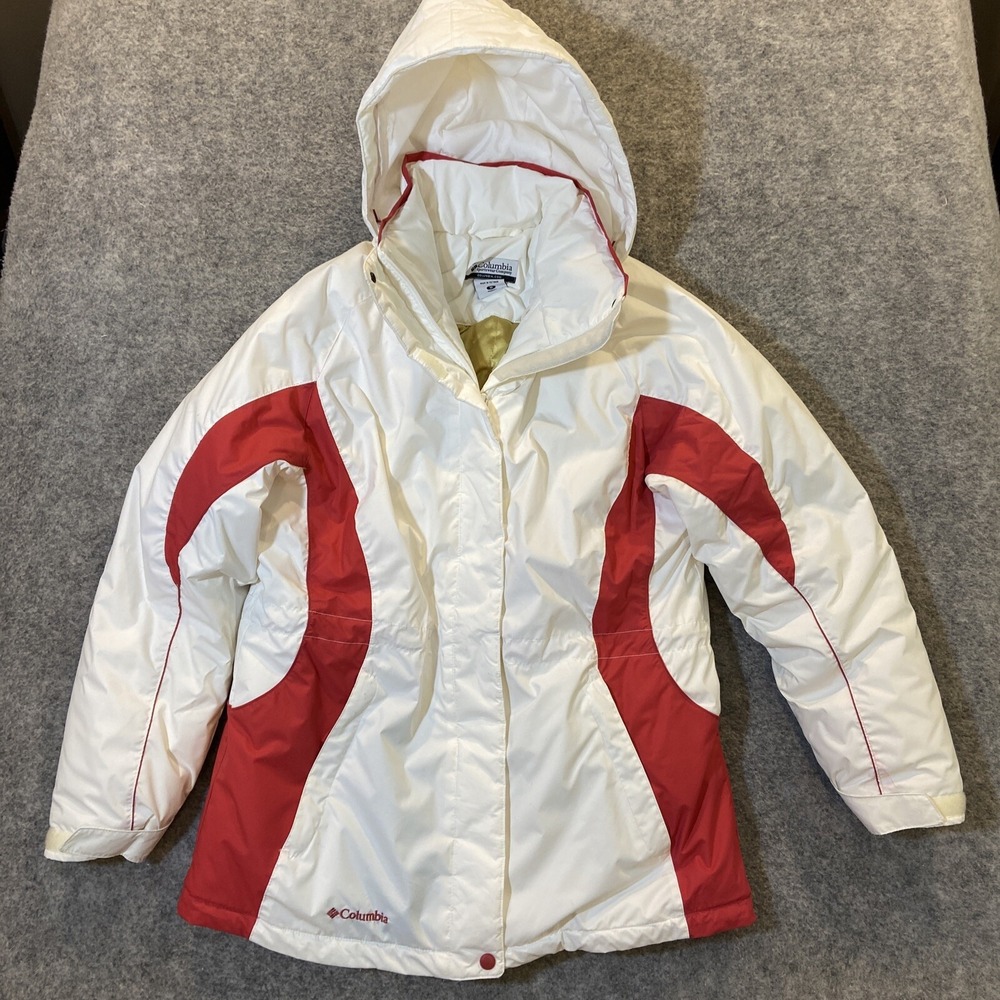 Columbia Ski Jacket Women M White Red Hooded Water Resistant Winter Coat WL5423